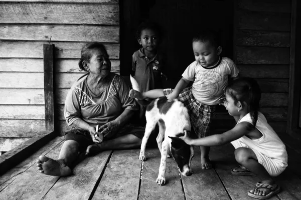 grandmother looking children playing with dog while sitting outdoors