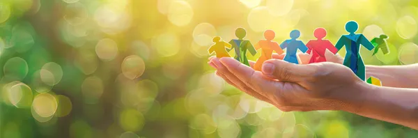 photo person holding colorful paper people their hands green bokeh background